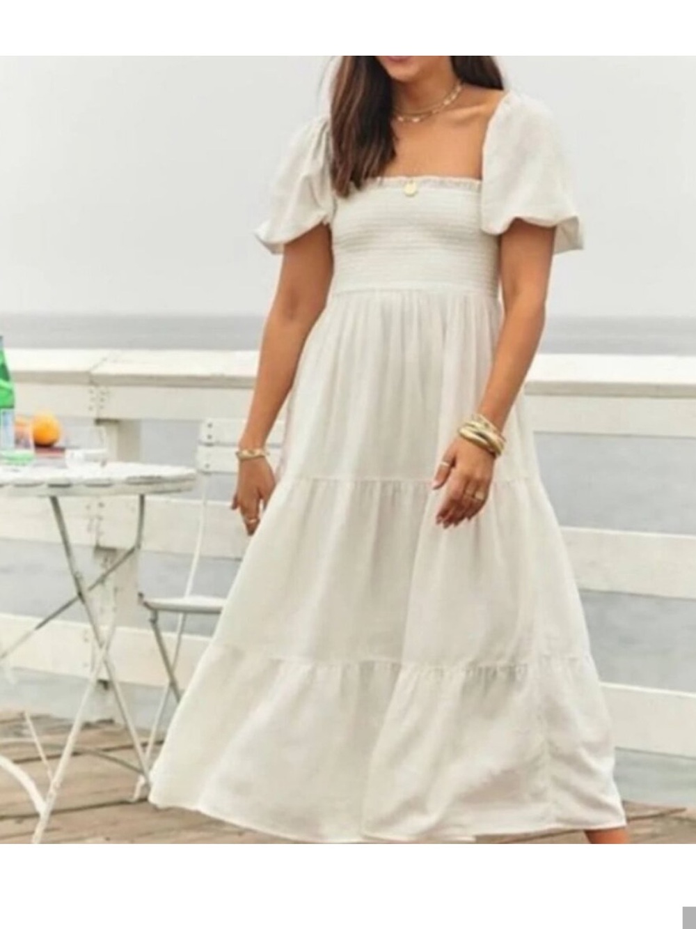 Abercrombie & Fitch White Smocked Puff Sleeve Midi Dress Emerson